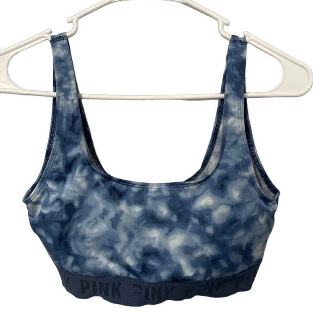 PINK Blue Sports Bra S Gym To Swim Tie Dye Lined U Neck